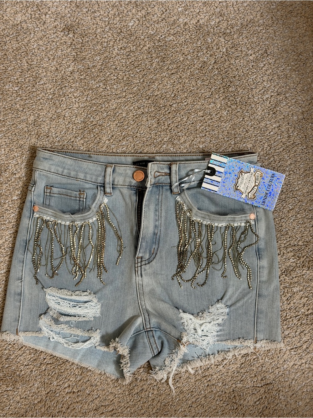 Frayed Light Blue Denim Shorts with Beaded Fringe